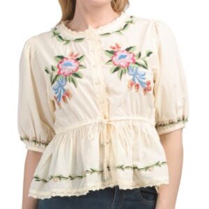 Jennifer and Grace Embroidered Short Sleeve Embroidered Peplum Dobby Top [676]